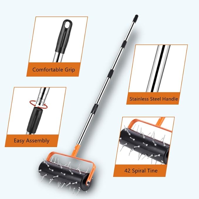Rolling Lawn Aerator, 71 Inch Manual Aerator Lawn Tool Roller with 42 Spikes, Heavy Duty Soil Penetrator for Garden Yard