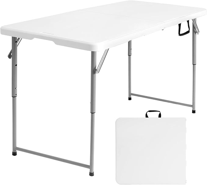 Byliable Folding Table 4 Foot, Heavy Duty Portable Plastic Fold-in-Half Utility 4ft Folding Table with Carrying Handle for Indoor Outdoor, Camping Picnic Party, White