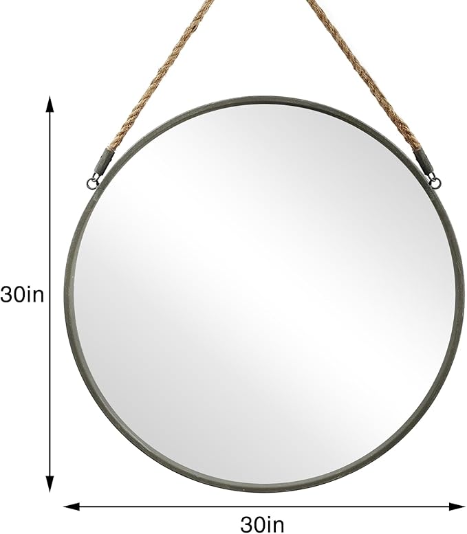 POZINO Round Mirror with Rope, 30 Inch Large Circle Hanging Mirror with Grey Metal Frame, Farmhouse Decorative Mirror for Bathroom Bedroom Living Room Entryway Fireplace
