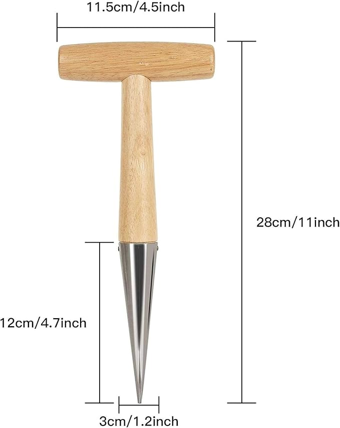 KAYTOW Garden Dibber as Soil Breaker Tool Hole Digger, Plant Bulb and Soil Digger as Garden Tool for Seed Tranplate, Depth-Stamp Stainless Steel with Polished Wood Handle for Planting Seeds Bulbs.