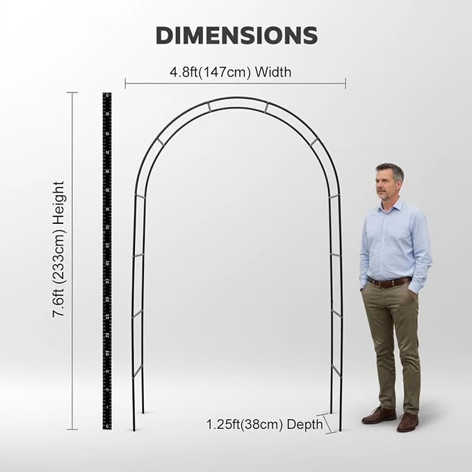 Thickened Metal Garden Arch,16mm Pipe Diameter Heavy-Duty Garden Arbor for Climbing Plant Roses Vines, Garden Patio Bridal Party Decoration Wedding Arch (Black, L)