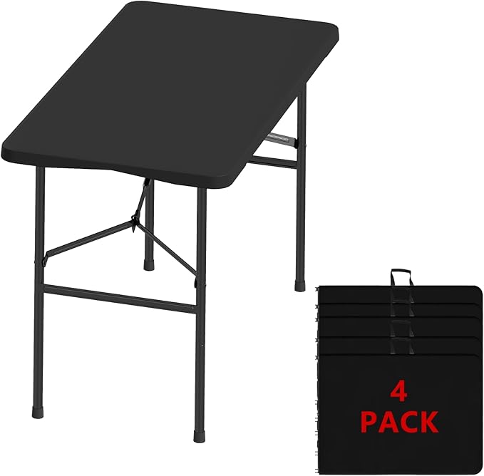 4FT Folding Tables – Heavy Duty Portable Foldable Picnic Table with Built-in Handle, 450 lb Capacity – Ideal for Events, Parties, Crafts, Camping & Dining (4-Pack, Black)