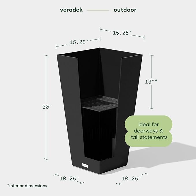 Veradek V-Resin Indoor/Outdoor Taper Planter (Black, 30 inch - 2 Pack with 2 Saucer Trays)