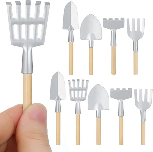 10-Pack Miniature Garden Tool Set, 3-Inch Mini Shovel Fairy Garden Accessories, Rustic Metal & Wood Tiny Tools for Dollhouse, Terrarium, Planter Decor, Zen Set