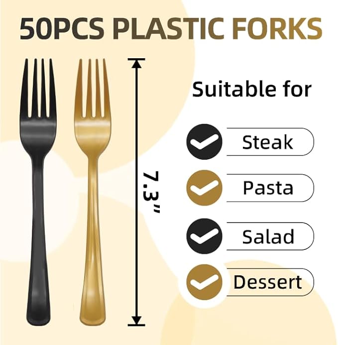 50 Pcs Black and Gold Plastic Forks Disposable Silverware Heavy Duty Black and Gold Plastic Cutlery Set for Graduation Party, Birthday, Retirement