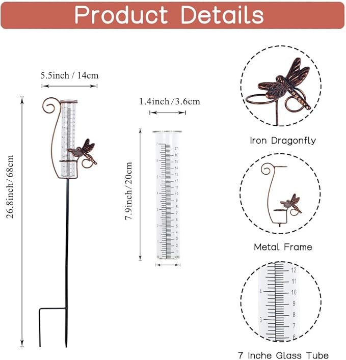 Dragonfly Rain Gauge Outdoor, 7 Inch Metal Rain Gauges for Measuring Precipitation, Patio, Garden Yard Decor