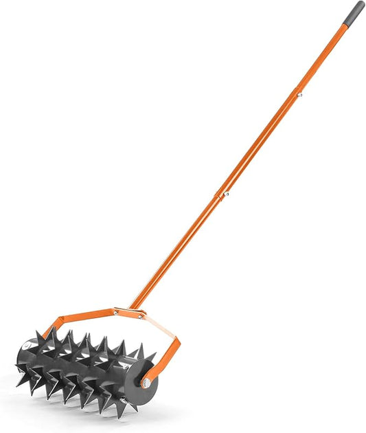 18in Rolling Lawn Aerator, Heavy Duty Manual Aerator Lawn Tool, Lawn Spike Aerator Roller with Adjustable Handle, Soil Penetrator Push Lawn Aeration for Garden Yard Patio (Orange)