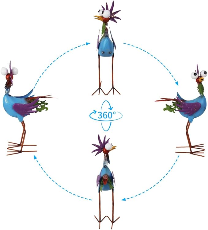 Metal Wacky Rooste Garden Statue, 17‘’ Rooster Decor Yard Statue Decorations Outdoor, Chicken Yard Art for Outside, Patio, Backyard, Lawn (Blue & Purple)