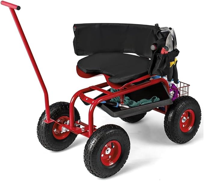 ERGOMASTER Garden Seat with Wheels, Outdoor Gardening Wagon Scooter, 2 Steering Handles, 360° Swivel Workseat & Tool Storage, Use for Patio, Yard, Lawn, Red
