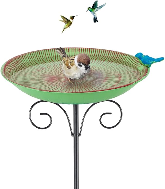 Metal Bird Bath for Outdoor,10" Standing Frees Birdfeeder with Metal Stake,Vintage Bird Baths Feeder Bowl for Outdoors Garden Patio Yard Lawn Decor (Green)