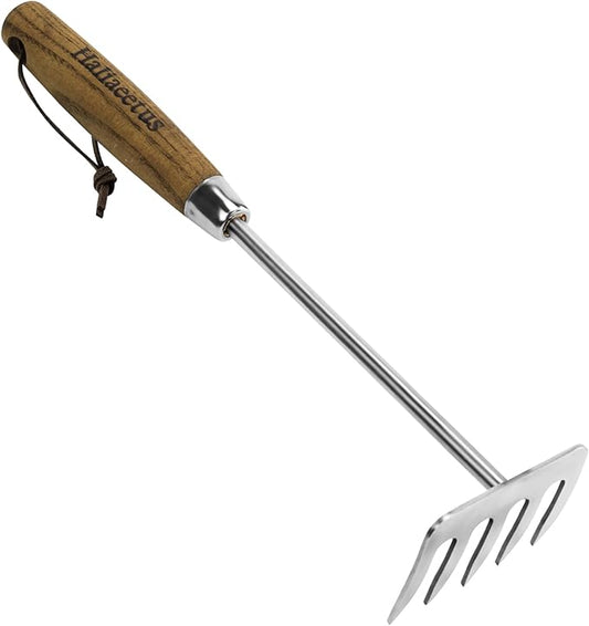 Haliaeetus Hand Rake Garden Tool, Stainless Steel Small Rake for Raking Leaves in Flower Beds, 5 Tines Hand Tiller Make Loosening Soil A Snap, Hand Cultivator with Comfortable Handle for Quick Weeding