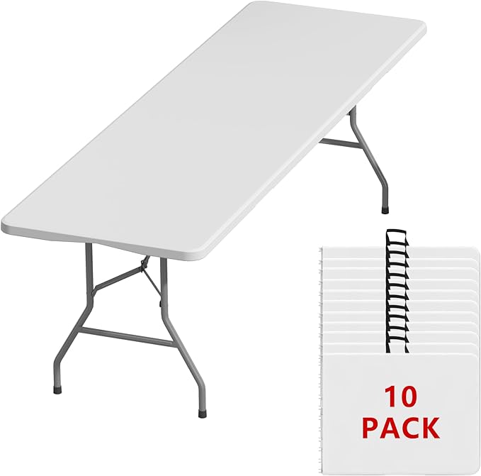 8FT Folding Tables – Heavy Duty Portable Foldable Picnic Table with Built-in Handle, 450 lb Capacity – Ideal for Events, Parties, Crafts, Camping & Dining (10-Pack, White)