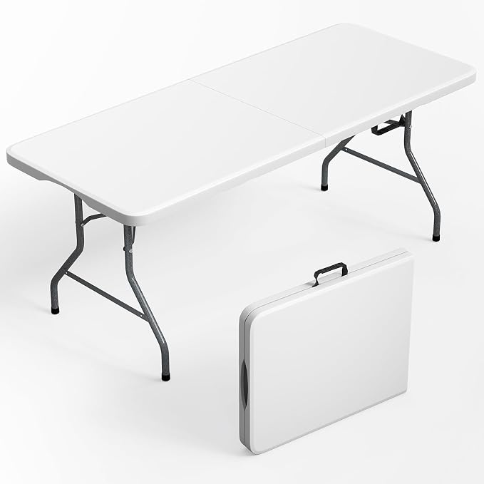 Folding Table with Carrying Handle & Steel Legs | 5FT Heavy Duty Portable Foldable Plastic Table | Perfect Tables for Party, Dining, Wedding, Events, Picnic Indoor, Outdoor, Camping, Utility White