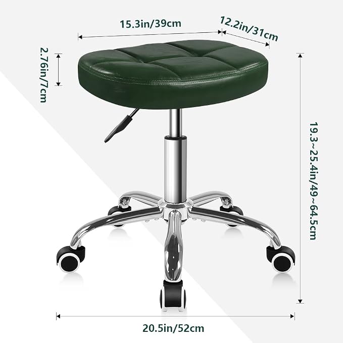 BFTOU 6-Square Lattice PU Swivel Stool with Wheel for Work SPA Shop Massage Height-Adjustable and Cost-Effective Rolling Stool Chair (Green)