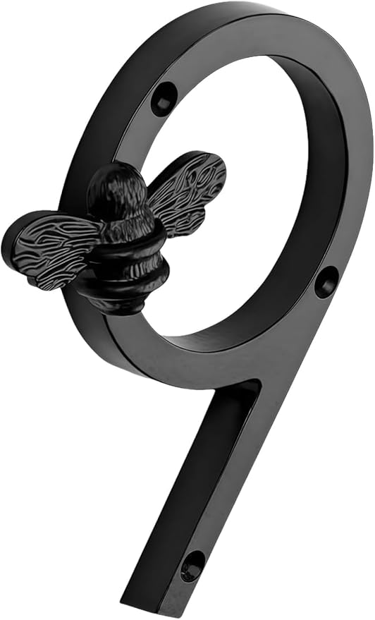 Bee House Number Sign, Antique Brass Finish, Decorative Metal Address Numbers for Door or Wall (Black, 9)