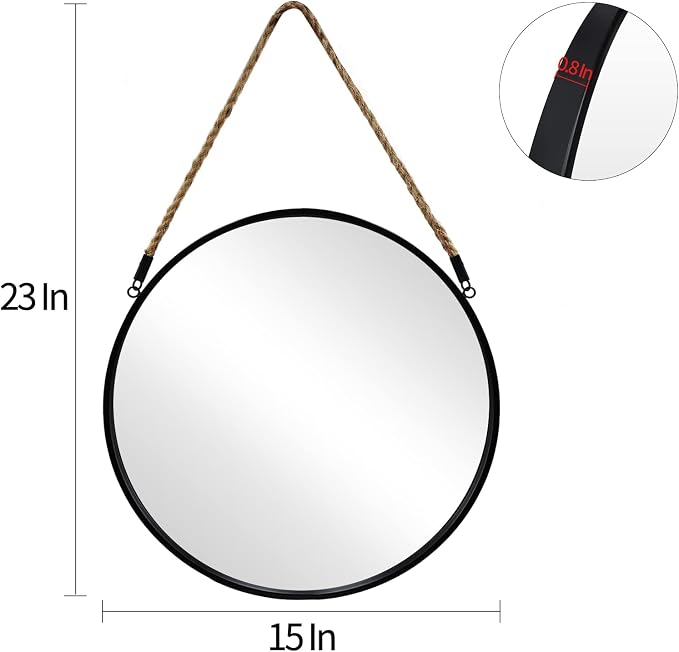 POZINO Round Hanging Mirror with Rope, 15" Circle Wall Mirror with Black Metal Frame, Farmhouse Decorative Mirror for Entryway, Living Room, Fireplace, Bedroom, Bathroom