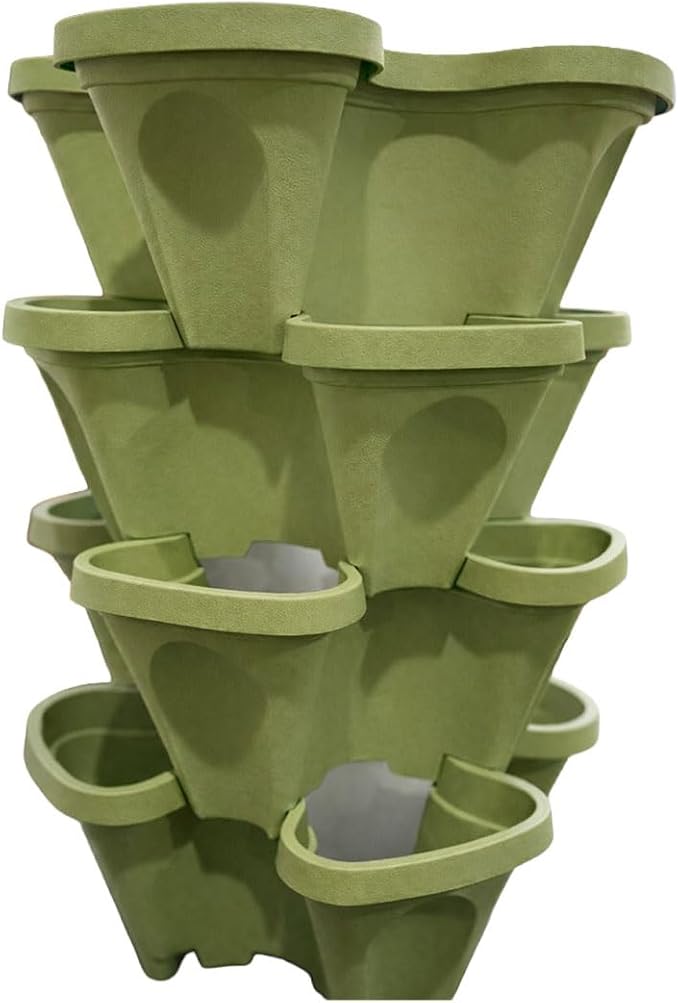 Large Vertical Planter Tower, 4 Tier Stackable Garden Planter, 16 Plant Sites, Heavy Duty Strawberry Planter, Vertical Growing System with Center Hole, Made in USA (4, Sagebrush Green, Large)
