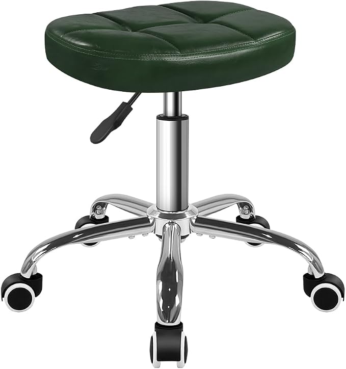 BFTOU 6-Square Lattice PU Swivel Stool with Wheel for Work SPA Shop Massage Height-Adjustable and Cost-Effective Rolling Stool Chair (Green)