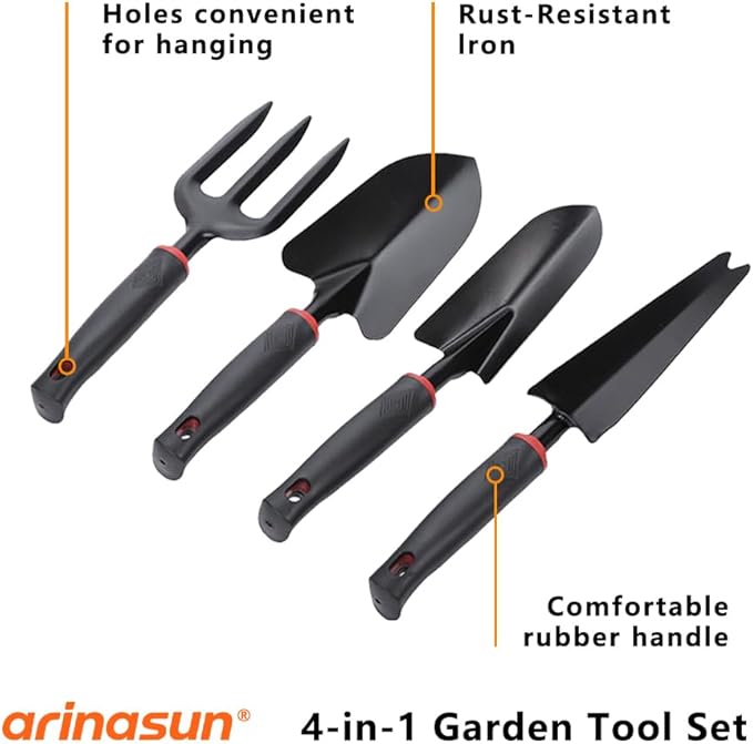Garden Tool Set, 4 Pieces, Including 2 Shovels &1 Rake &1 Cultivator, Rust-Resistant lron Tools, Rubber Grip Handles
