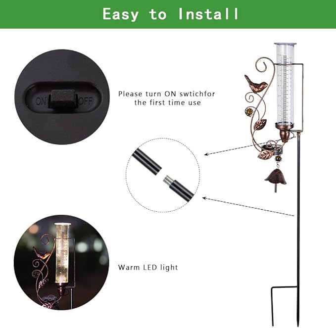 Rain Gauge Outdoor, Solar Rain Gauges with 7" Plastic Tube, Hummingbird Metal Rain Gauge with Decorative Bell for Garden Yard Lawn Decor