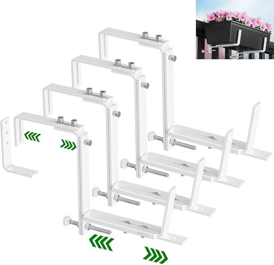 HFHOME Set of 4 Adjustable Window Planter Box Brackets, White Brackets for Window Boxes Planters, Planter Shelving with Adjustable Size The Width of The Bottom of The Planter Box (Patent Registered)