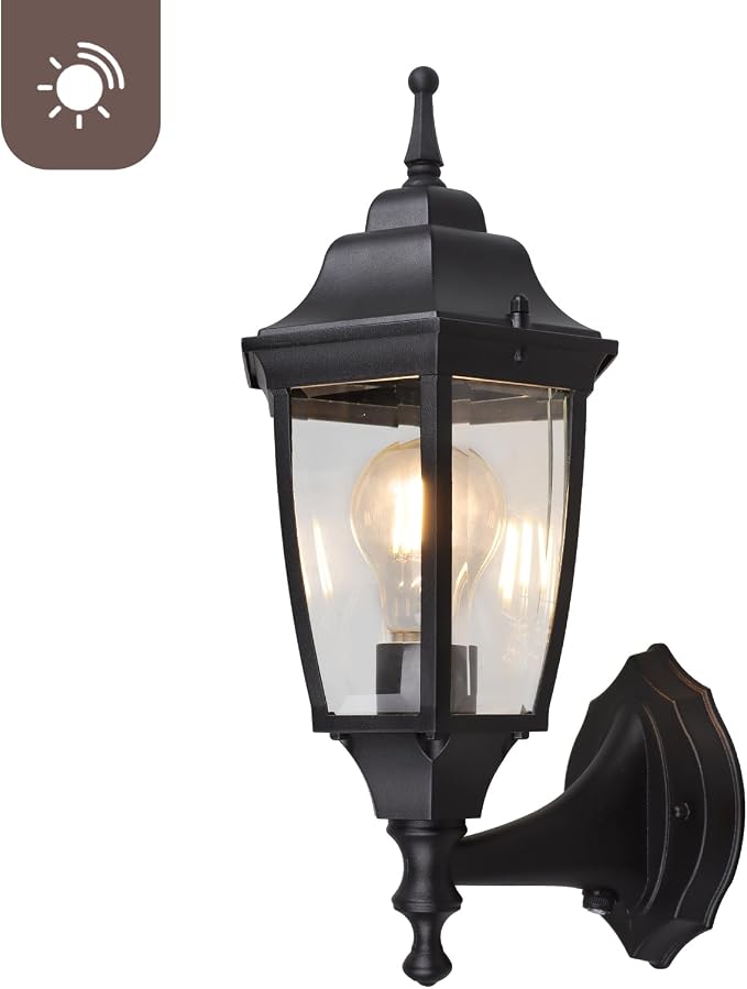 Die-Cast Aluminum & Glass Dusk to Dawn Photocell-Controlled Outdoor Wall Light, IP65 Waterproof Outdoor Light Fixture, E26 Base (60W Max) Porch Light, ETL, UL, CSA Qualified, Black