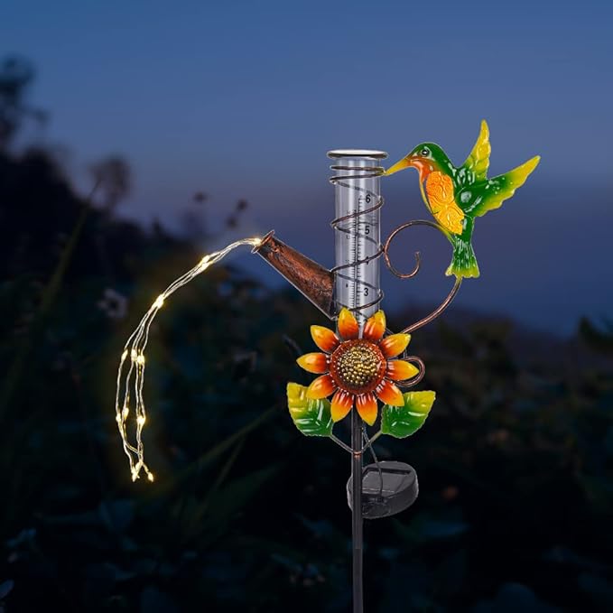 Stargarden Rain Gauge Outdoor-36 Inch Hummingbird Solar Rain Gauge with 6” Glass Tube for Yard Garden Patio Lawn