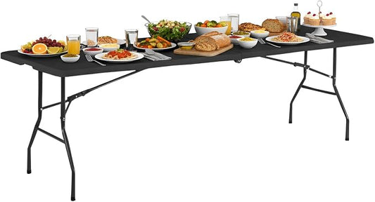 PayLessHere | 8FT Folding Table | Portable Plastic Table with Carry Handle | Waterproof & Foldable Table Design | Steel Frame with Lock | Black | for Events, Camping, Indoor & Outdoor Use