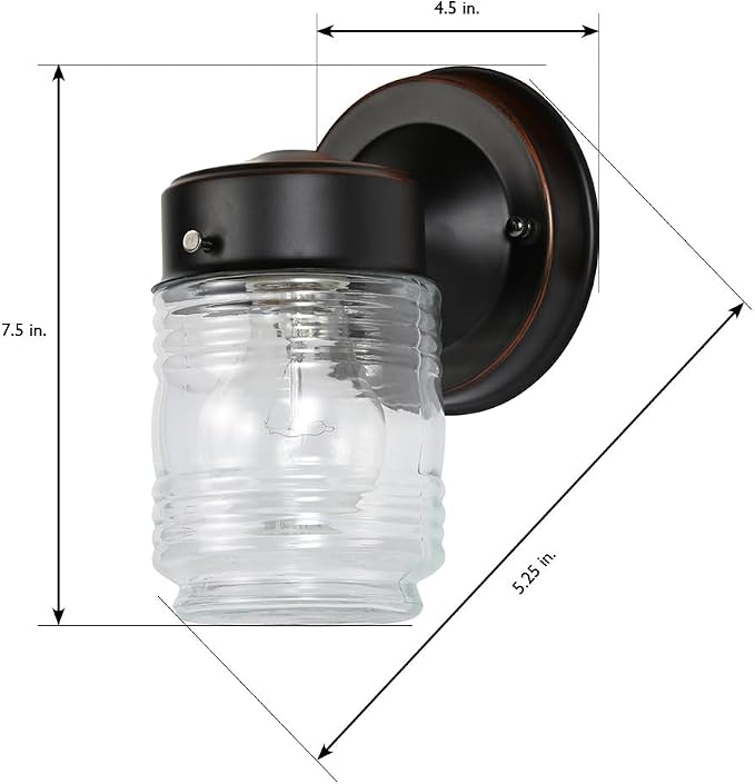Design House Jelly Jar 1 Light Wall Light, Oil Rubbed Bronze, Outdoor Downlight, Clear Glass, Wet Rated, 7.5 in H x 4.5 in L x 5.25 in W, 60W Medium Base, Model 505198