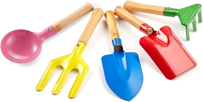 Gardening Tools Set, 5PCS Gardening Tools Metal with Sturdy Wooden Handle Safe Gardening Tools 8" Beach Sandbox Toy