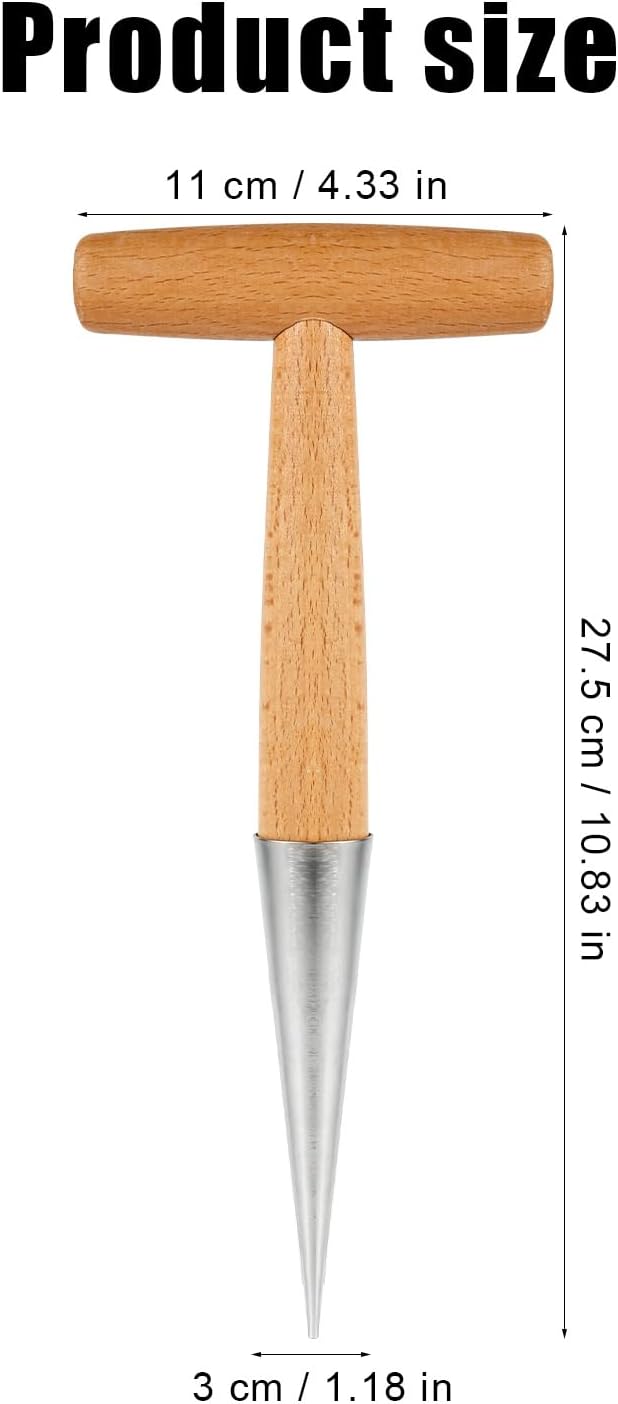 XIHIRCD Hand Dibber with Wooden Handle, Dibbler Gardening Tool Stainless Steel Head Hole Punch Hand Held Bulb Planter Solid Garden Sow Dibbler for Planting Seeds Flowers Tulips Daffodils Dahlias