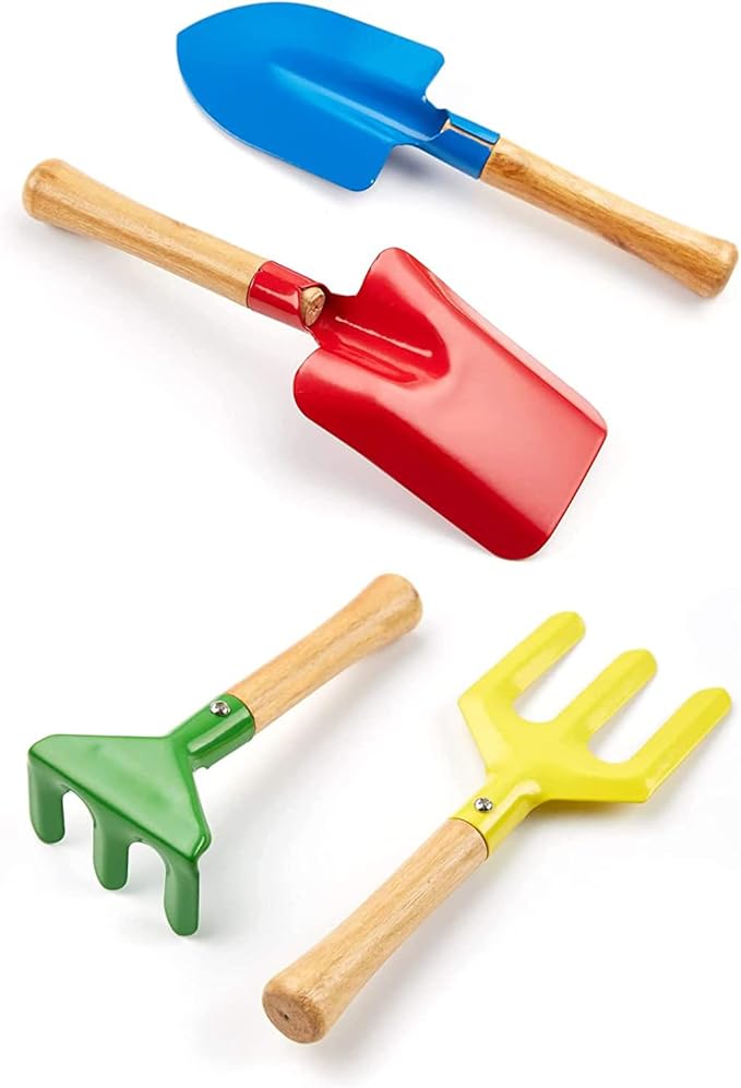 Gardening Tools Set, 5PCS Gardening Tools Metal with Sturdy Wooden Handle Safe Gardening Tools 8" Beach Sandbox Toy