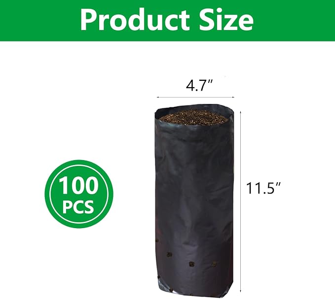 Belit 100 Pcs Deep Nursery Grow Bags, 11.5" H Plastic Pots for Starting Deep Rooted Plants Vegetable, Flower, Seedling Tree, Black