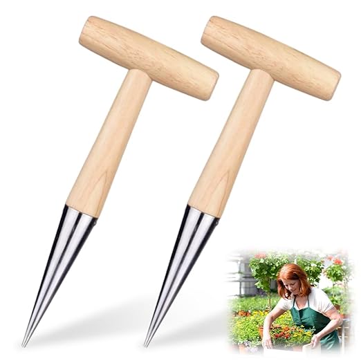 Plant Hole Digger for Planting, Seed Dibber Garden Tool, Hand Dibbler Seed Planter Tool,Bulb Planter Tool, Seeds Transplanting Plants Planting Bulbs, T Wooden Handle - Easy to Drill Holes (2pcs)
