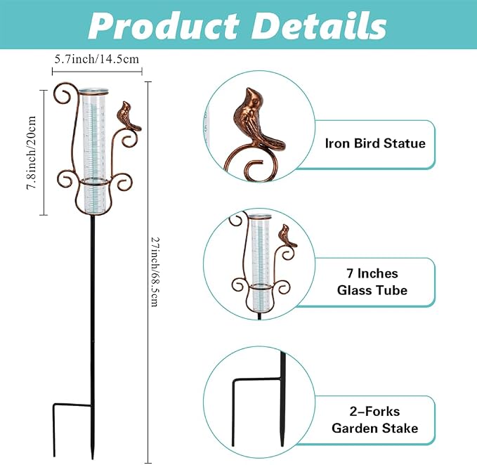 Rain Gauge Outdoor with 7'' Capacity Glass Tube, Metal Rain Gauges for Measuring Precipitation, Garden and Yard Decor