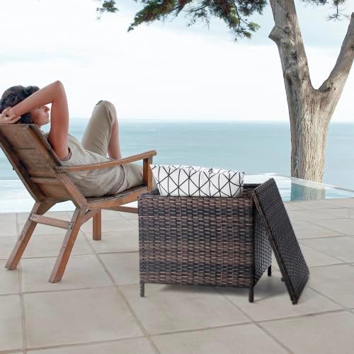 Outdoor Table with Storage, 27 Gallon Wicker Outdoor Storage Box Patio Side Tables for Outside Porch Poolside Deck Garden， Brown
