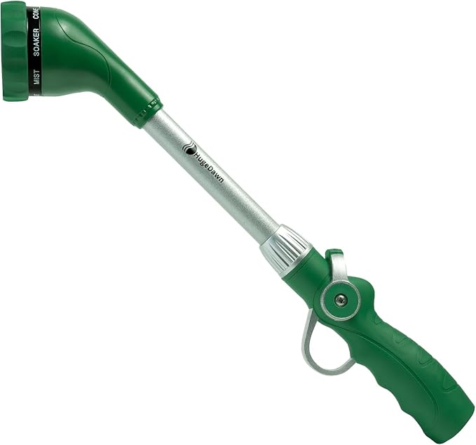 HugeDawn Garden Hose Wand, 16-Inch Heavy Duty Zinc Alloy & Aluminum Watering Wand with 8 Spray Patterns Thumb Control for Hanging Baskets, Garden, Cleaning (Green)