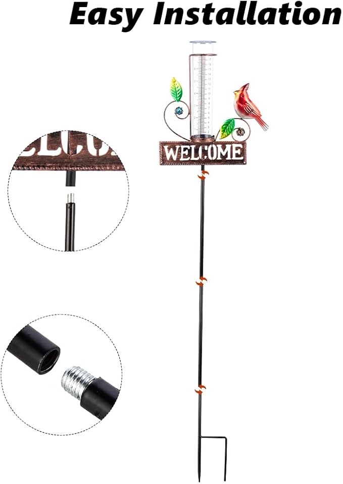 Stargarden Rain Gauge Outdoor, Metal Cardinal Rain Gauge, Rain Gauges with 7inch Plastic Tube, Decorative Rain Gauge for Yard, Garden, Lawn, Pathway