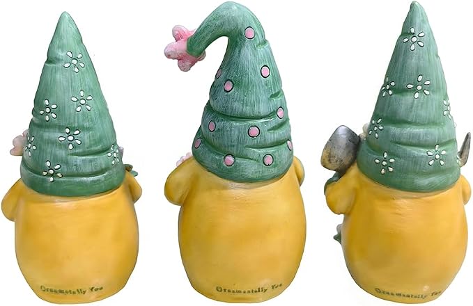 Spring & Summer-Themed Garden Statues – Adorable Outdoor Decor for Lawn, Patio & Porch (Garden Guardians Set of Three 6" Gardening Gnome Figurines, Floral Green and Yellow Statue Decor)