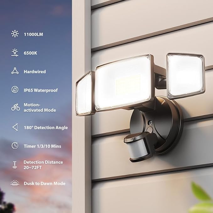 Onforu 100W LED Motion Sensor Outdoor Lights, Dusk to Dawn Flood Light Outdoor Motion Sensor, Hardwired Security Lights Floodlights Outside 11000LM 6500K Daylight IP65 Waterproof (Black)