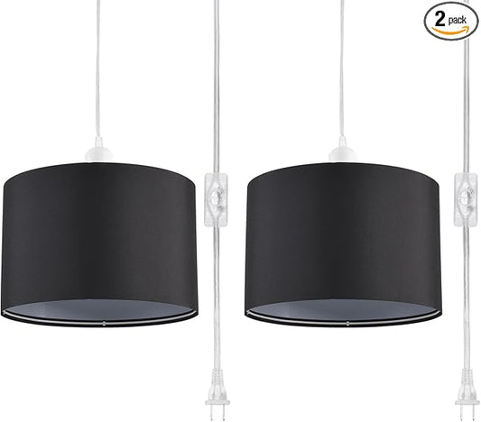2 Pack Plug in Pendant Light, Hanging Light with 15Ft Clear Cord, On/Off Switch, Black Fabric Lamp Shade, Hanging Light Fixture for Bedroom, Kitchen, Living Room, Dining Table