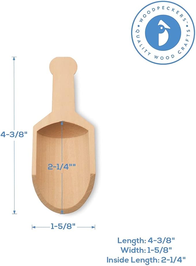 Small Wooden 1 Tablespoon Scoops for Food Canisters & Jars, Table Spoons Measuring Spoon, Wood Manuka Honey Bath Salts, & Coffee Scoop, Mini Candy Scoops for Candy Buffet, Pack of 50 by Woodpeckers