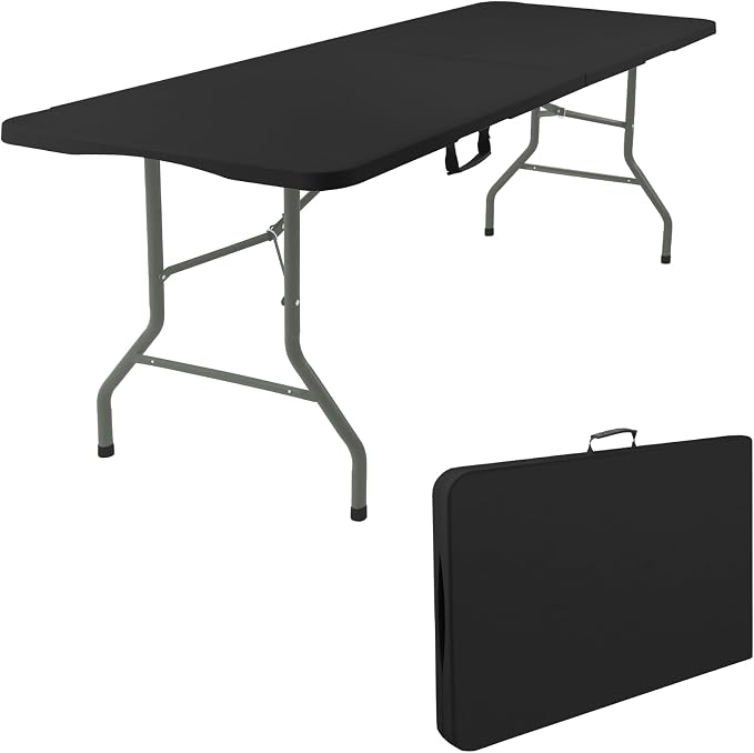 Fivenl 5 Feet Portable Folding Table Black, Steel Legs Fold-in-Half with Carrying Handle Rectangular Plastic Foldable Table for Party, Wedding, Camping, Picnic, Dining, Indoor Outdoor Events