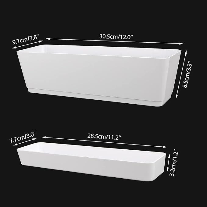 GREANER Window Boxes, 3 Pack 12x3.8 Inch Mixed Color Rectangle Herb Planters with Tray, Indoor Succulent Cactus Plastic Saucer Pot for Windowsill, Balcony, Office, Outdoor Garden (Black, White, Beige)