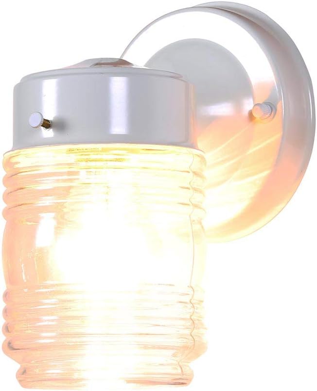 Design House Jelly Jar 1-Light Outdoor Wall Lantern, White Finish, Clear Ribbed Glass, Wet Rated Exterior Porch Light for Patio, Garage, Entryway, Front Door, and Deck, 500181