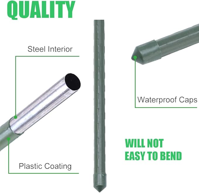 Mininfa Steel Plant Stakes 5 Feet, Plastic Coated Metal Garden Stakes Supports Climbing for Tomatoes, Trees, Beans, 25 Pack