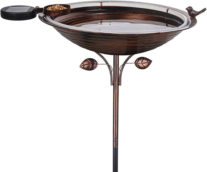 dreamysoul Bird Baths for Outdoors 15" Dia Large Metal Bird Bath with Solar Strip Lights, 5 Prongs Outdoor Copper Birdbath for Lawn Yard Garden Decor