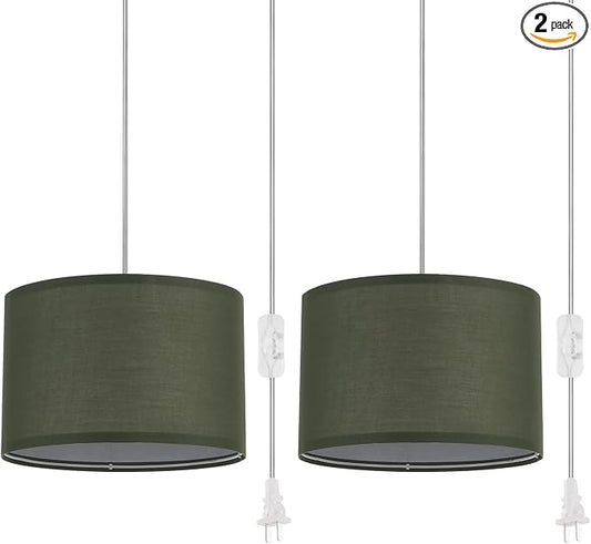 2 Pack Plug in Pendant Light, Hanging Light with 15Ft Clear Cord, On/Off Switch, Light Green Fabric Lamp Shade, Hanging Light Fixture for Bedroom, Kitchen