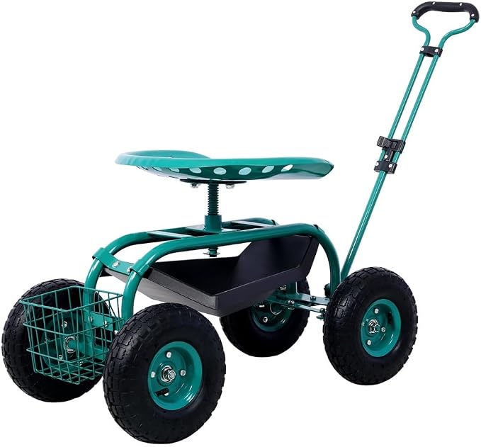 Garden Cart Rolling Scooter, Adjustable Height Heavy Duty Scooter, Rolling Garden Cart with 4 Wheels and Extendable Handle, Garden Stool Cart with 360-Degree Seat and Tool Tray Green