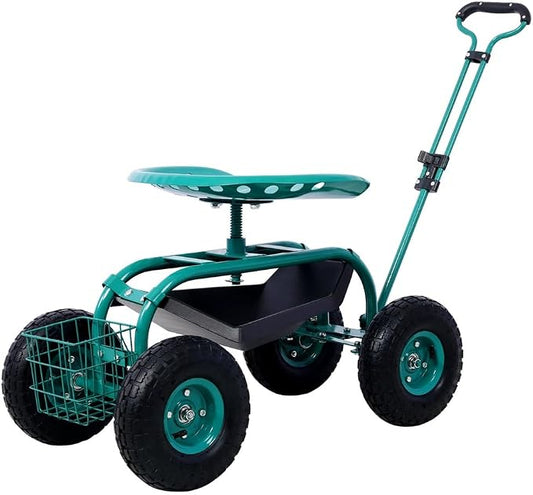 Garden Cart Rolling Scooter, Adjustable Height Heavy Duty Scooter, Rolling Garden Cart with 4 Wheels and Extendable Handle, Garden Stool Cart with 360-Degree Seat and Tool Tray Green